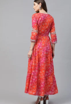 Bandhej Printed Cotton Anarkali Kurta in Orange and Pink