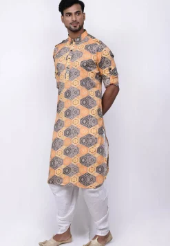 Bandhej Printed Cotton Dhoti Kurta in Yellow