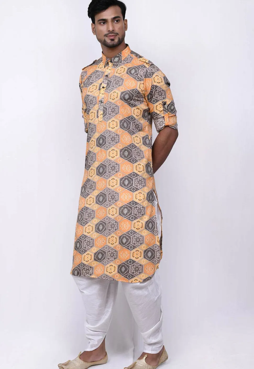 Bandhej Printed Cotton Dhoti Kurta in Yellow