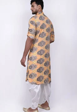 Bandhej Printed Cotton Dhoti Kurta in Yellow