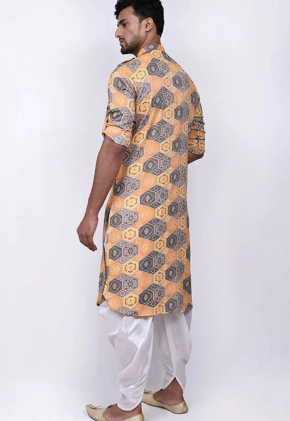 Bandhej Printed Cotton Dhoti Kurta in Yellow