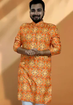 Bandhej Printed Cotton Kurta in Orange