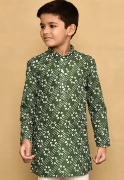 Bandhej Printed Cotton Kurta in Olive Green
