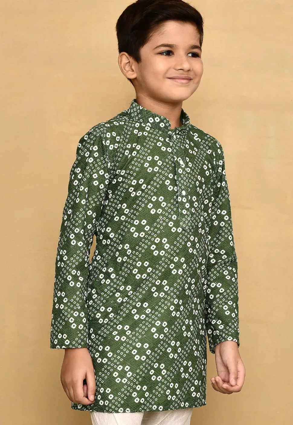 Bandhej Printed Cotton Kurta in Olive Green