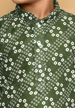 Bandhej Printed Cotton Kurta in Olive Green