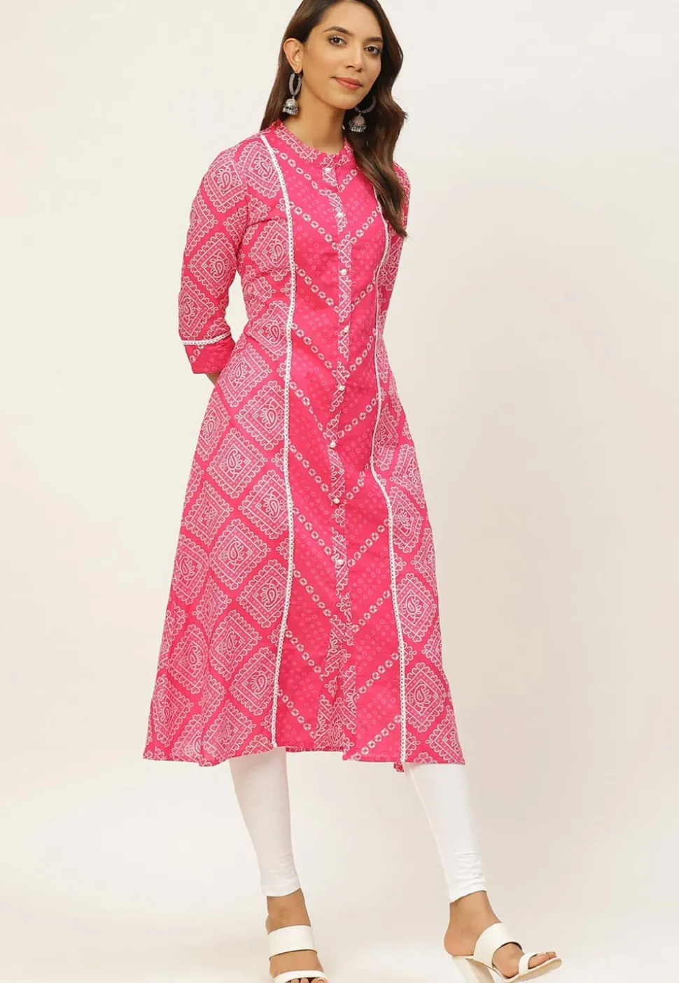Bandhej Printed Cotton Kurta in Pink