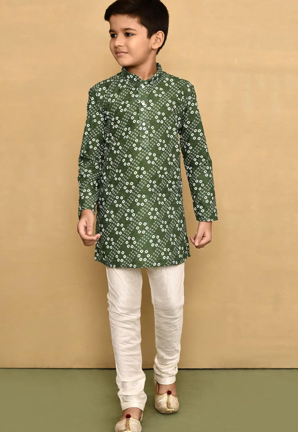 Bandhej Printed Cotton Kurta Set in Olive Green