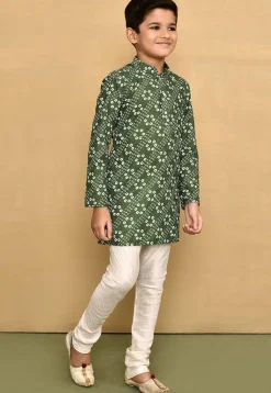 Bandhej Printed Cotton Kurta Set in Olive Green
