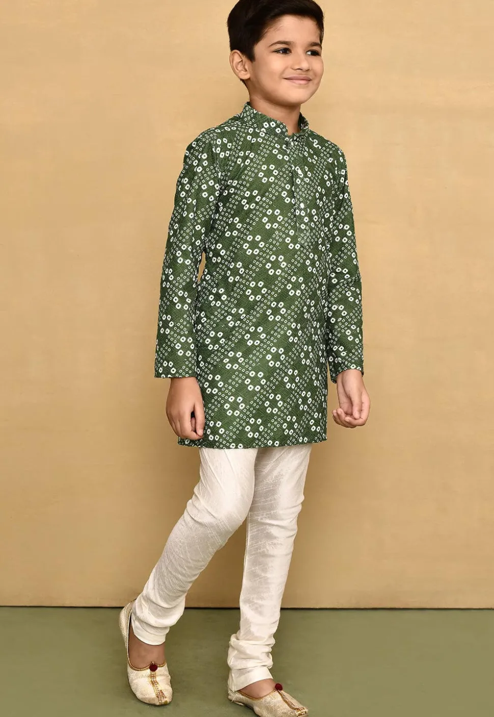Bandhej Printed Cotton Kurta Set in Olive Green