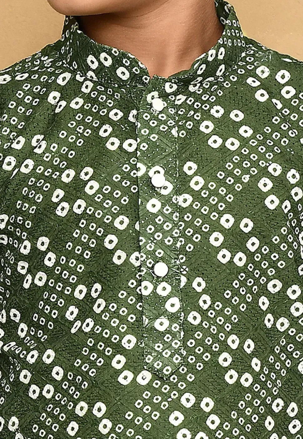 Bandhej Printed Cotton Kurta Set in Olive Green