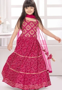 Bandhej Printed Cotton Lehenga in Fuchsia