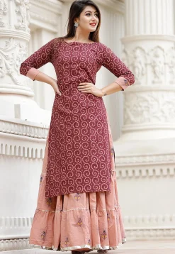 Bandhej Printed Cotton Lehenga in Wine