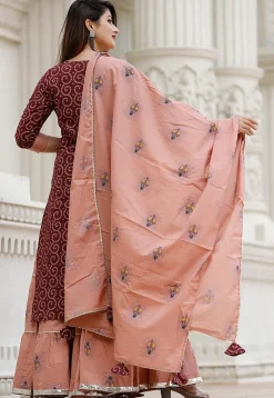 Bandhej Printed Cotton Lehenga in Wine