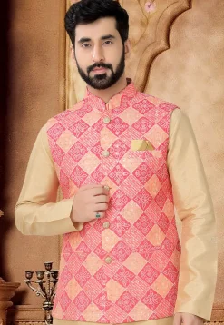 Bandhej Printed Cotton Nehru Jacket in Pink