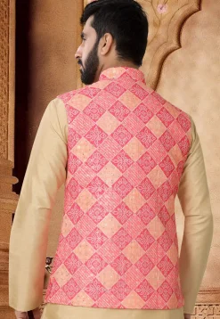 Bandhej Printed Cotton Nehru Jacket in Pink
