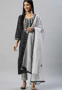 Bandhej Printed Cotton Pakistani Suit in Black