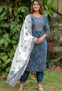 Bandhej Printed Cotton Punjabi Suit in Navy Blue