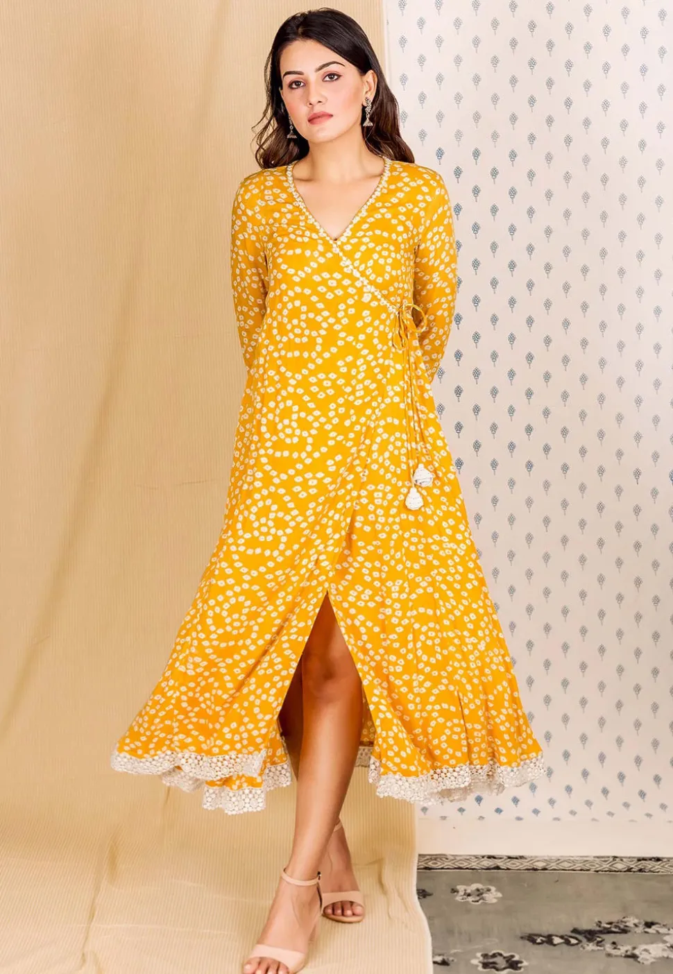 Bandhej Printed Cotton Rayon Angrakha Style Kurta in Mustard