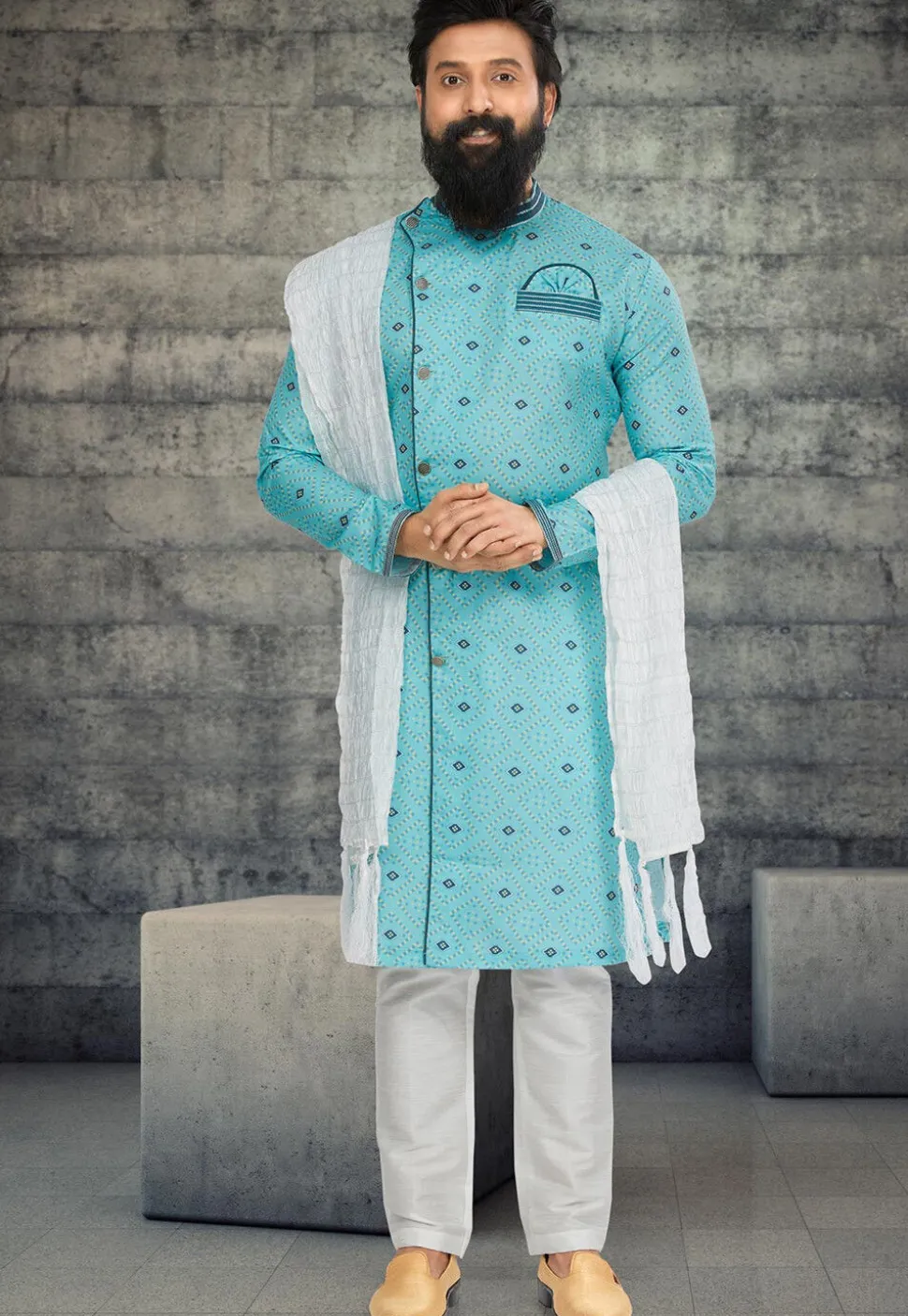 Bandhej Printed Cotton Silk Sherwani in Light Blue