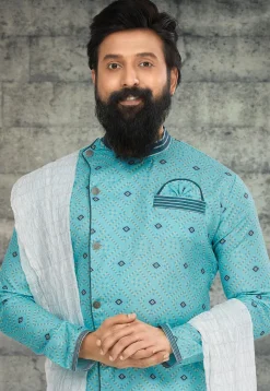 Bandhej Printed Cotton Silk Sherwani in Light Blue