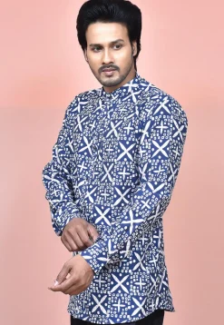 Bandhej Printed Cotton Silk Shirt in Navy Blue