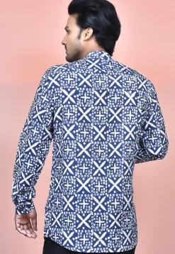 Bandhej Printed Cotton Silk Shirt in Navy Blue