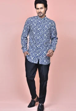 Bandhej Printed Cotton Silk Shirt in Navy Blue