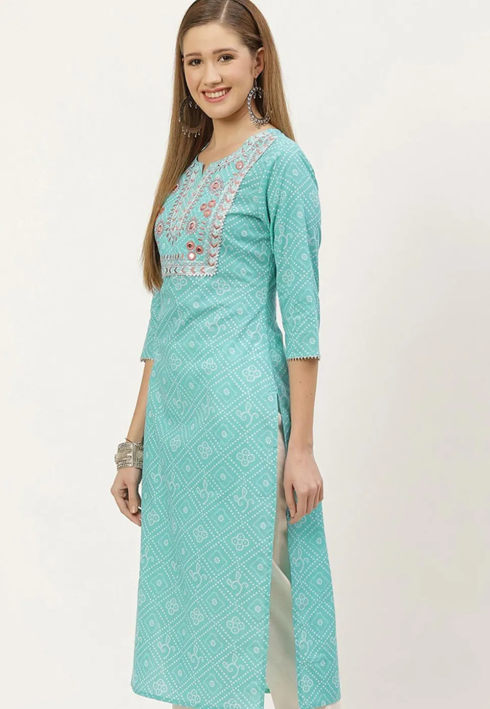 Bandhej Printed Cotton Straight Kurta in Light Blue