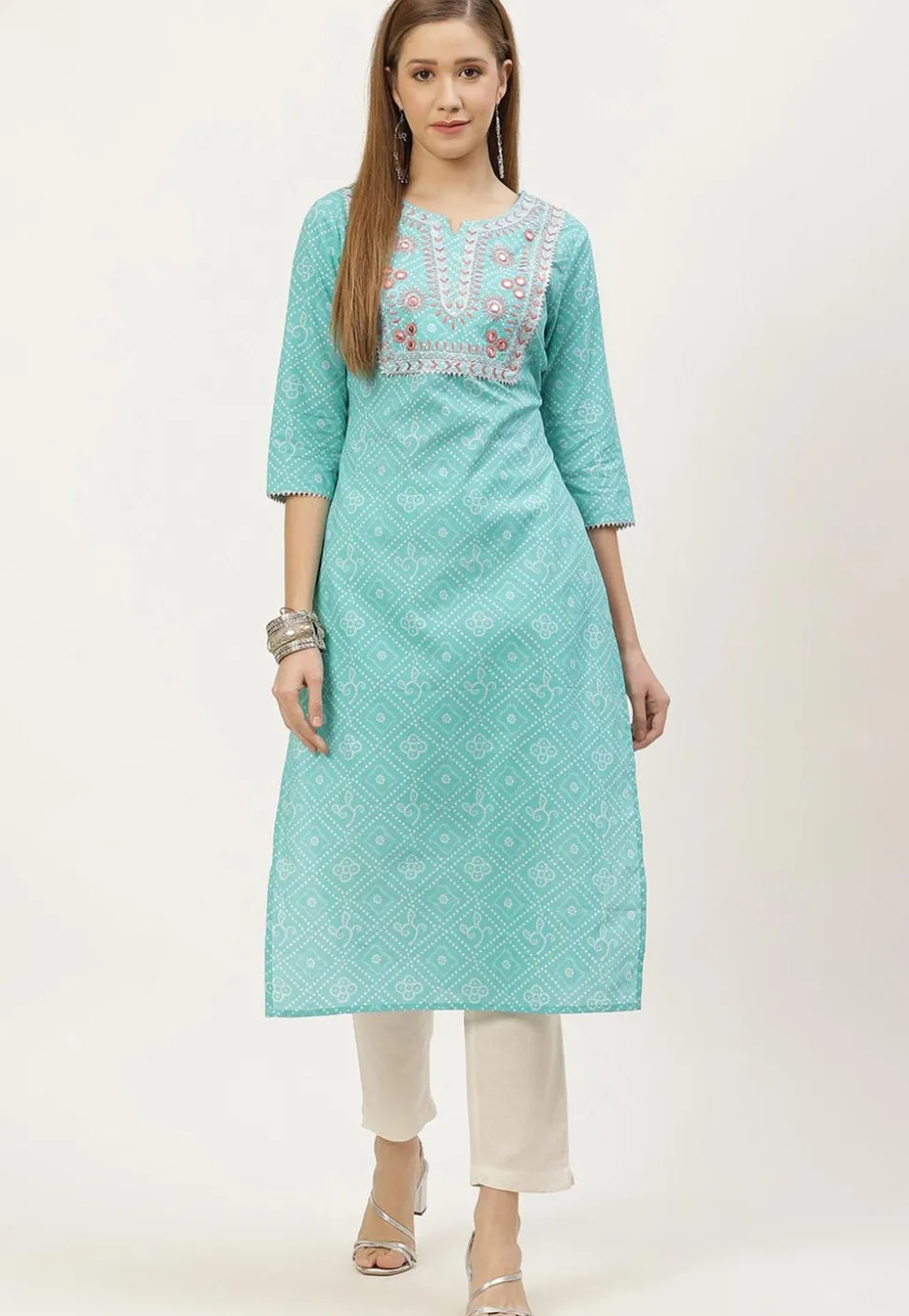 Bandhej Printed Cotton Straight Kurta in Light Blue