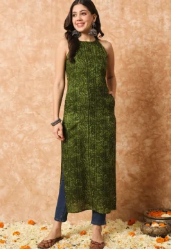 Bandhej Printed Cotton Straight Kurta in Olive Green