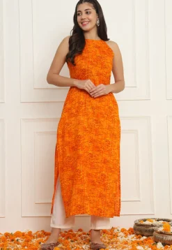 Bandhej Printed Cotton Straight Kurta Set in Orange