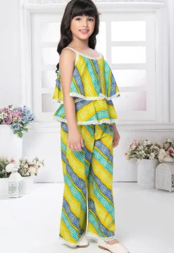 Bandhej Printed Cotton Top Set in Yellow and Blue