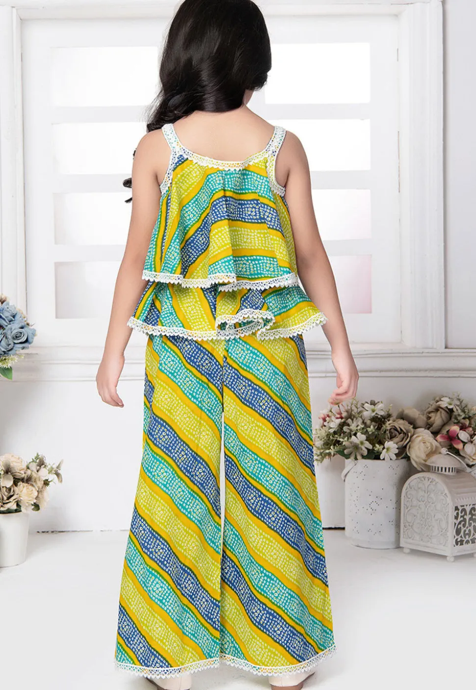 Bandhej Printed Cotton Top Set in Yellow and Blue