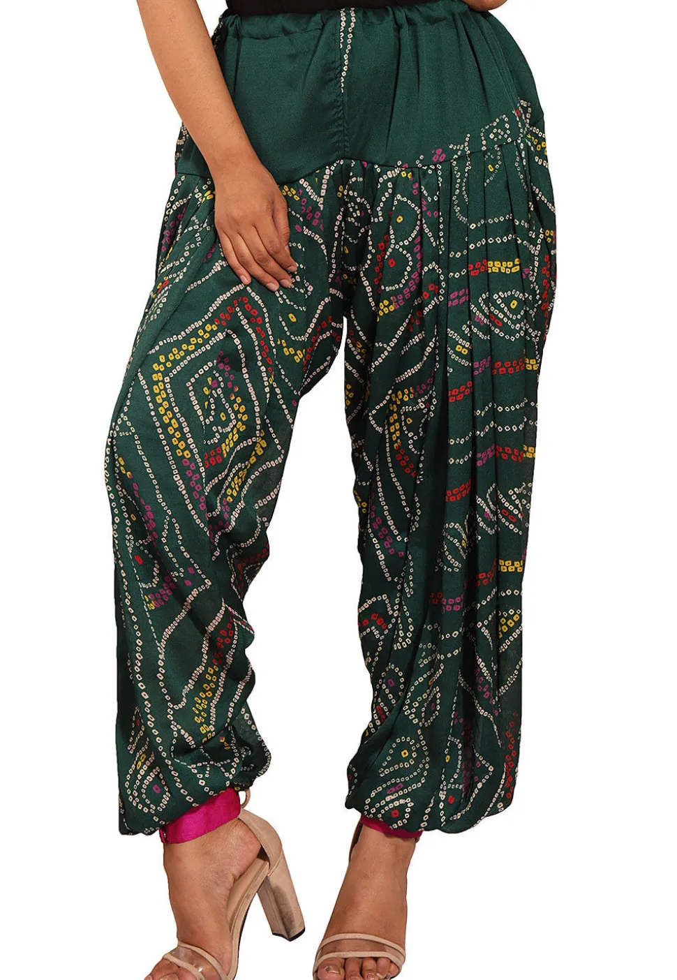 Bandhej Printed Crepe Alladin Pant in Dark Green