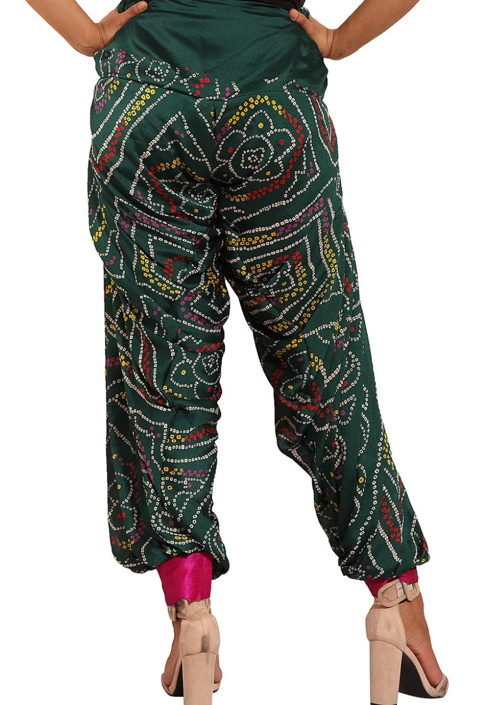 Bandhej Printed Crepe Alladin Pant in Dark Green