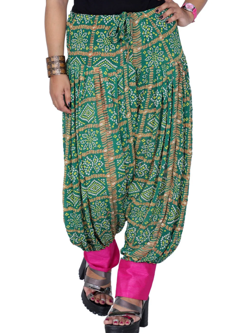 Bandhej Printed Crepe Harem Pant in Teal Green