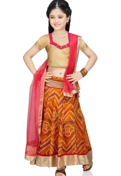 Bandhej Printed Crepe Lehenga in Orange