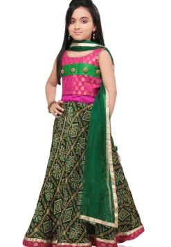 Bandhej Printed Crepe Lehenga Set in Dark Green