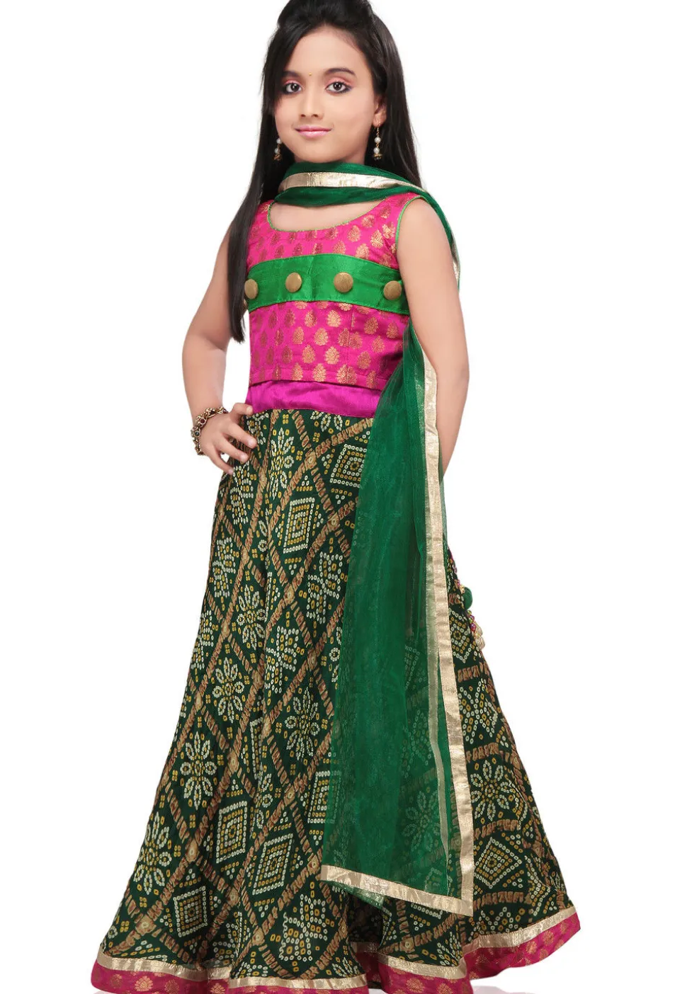 Bandhej Printed Crepe Lehenga Set in Dark Green