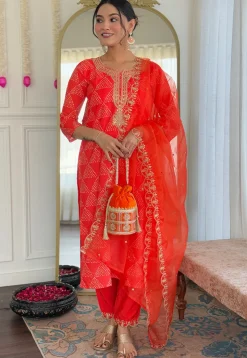 Bandhej Printed Crepe Pakistani Suit in Orange