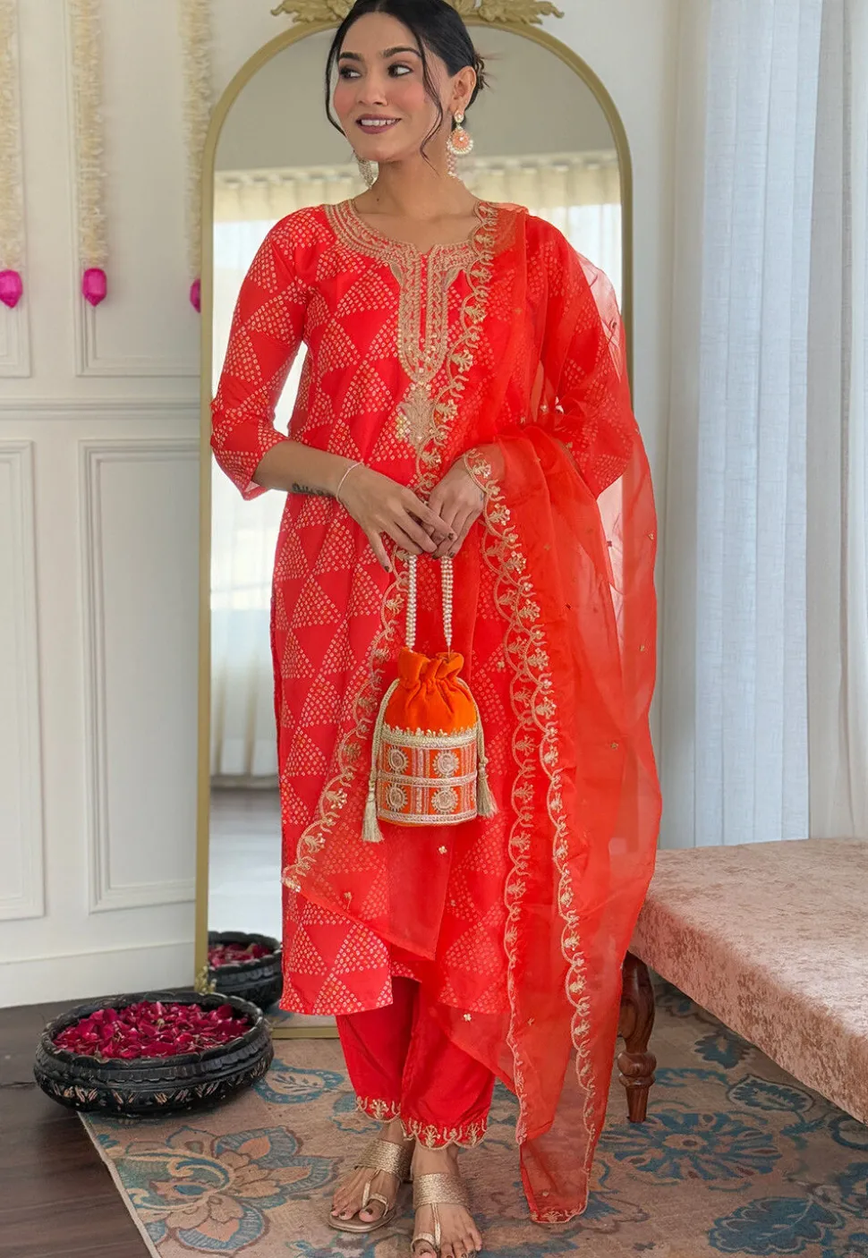 Bandhej Printed Crepe Pakistani Suit in Orange