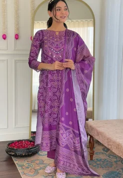 Bandhej Printed Crepe Pakistani Suit in Purple