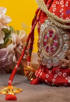 Bandhej Printed Crepe Potli Bag in Red