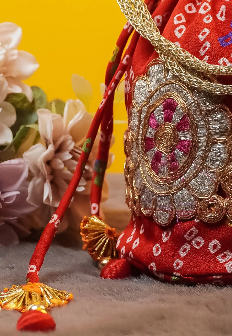 Bandhej Printed Crepe Potli Bag in Red