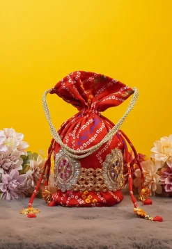 Bandhej Printed Crepe Potli Bag in Red