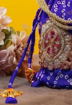 Bandhej Printed Crepe Potli Bag in Royal Blue