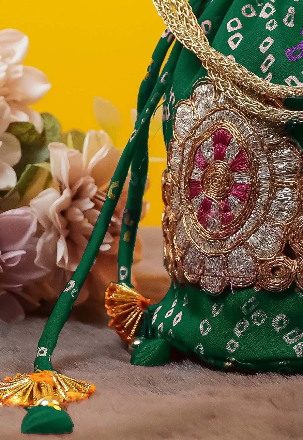 Bandhej Printed Crepe Potli Bag in Green