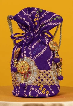 Bandhej Printed Crepe Potli Bag in Purple