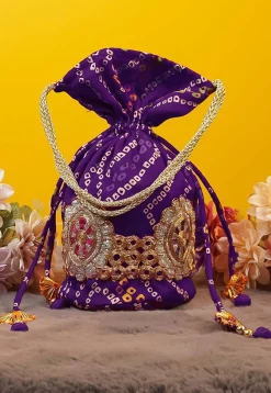 Bandhej Printed Crepe Potli Bag in Purple