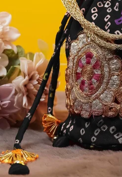 Bandhej Printed Crepe Potli Bag in Black